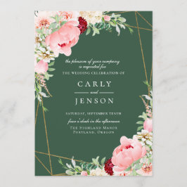 赤面ピンクフローラ幾何学的結婚グリーン 招待状