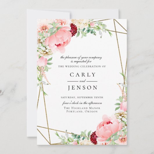 赤面ピンクフローラ幾何学結婚式招待状 招待状 (正面)