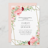赤面ピンクフローラ幾何学結婚式招待状 招待状 (正面/裏面)