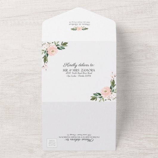 赤面ピンクフローラ幾何結婚 オールインワン招待状 (外側)