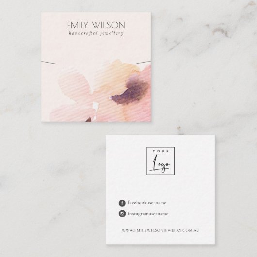 赤面ピンクフローラ抽象芸術ネックレスバンドテンプレート スクエア名刺 (正面/裏面)