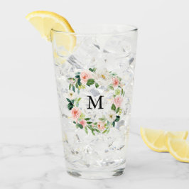 赤面ピンクフローラ水彩リースモノグラム タンブラーグラス