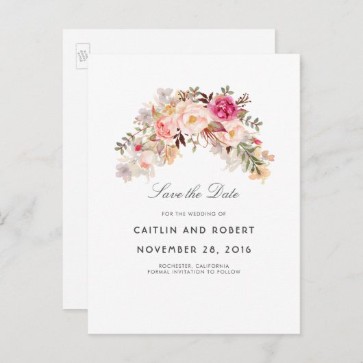 赤面ピンクフローラ水彩保存日 案内ポストカード (正面/裏面)