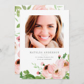 赤面ピンクフローラ水彩写真誕生日招待状 シーズンカード (正面/裏面)