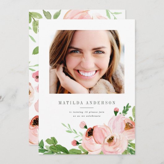 赤面ピンクフローラ水彩写真誕生日招待状 シーズンカード (正面/裏面)