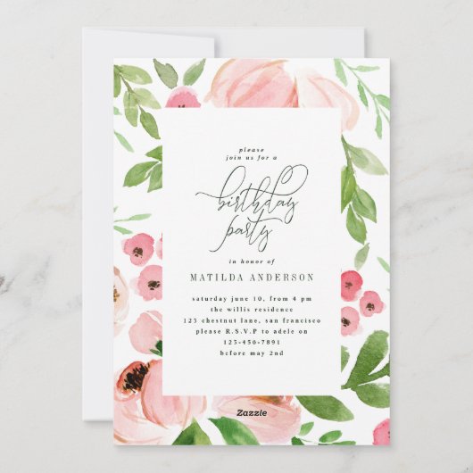 赤面ピンクフローラ水彩写真誕生日招待状 シーズンカード (裏面)