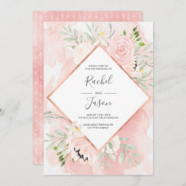 赤面ピンクフローラ水彩結婚式招待状 招待状