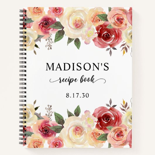 赤面ピンクフローラ水彩色シャワーレシピ本 ノートブック (正面)