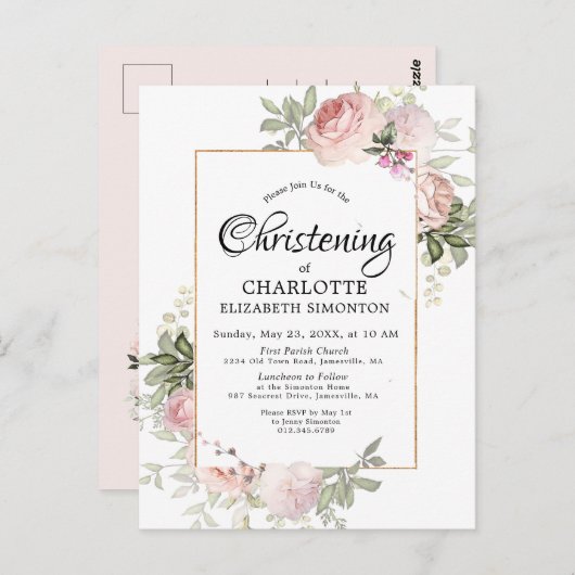 赤面ピンクフローラ水彩《キリスト教》洗礼式や命名式 ポストカード (正面/裏面)