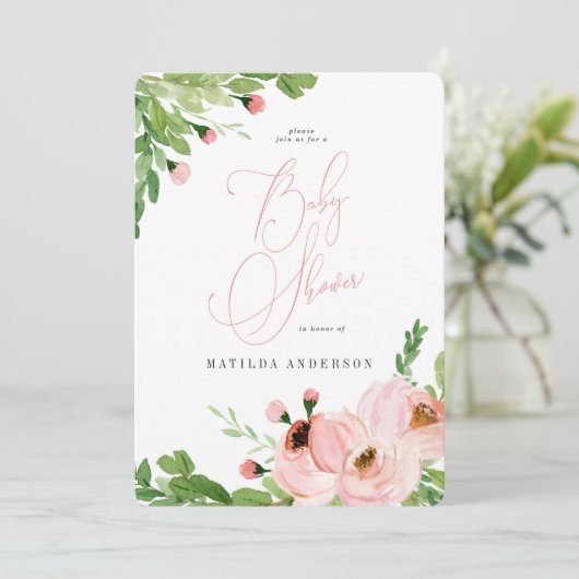 赤面ピンクフローラ水色ベビーシャワー招待状 シーズンカード (スタンド正面)