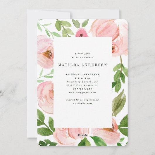 赤面ピンクフローラ水色ベビーシャワー招待状 シーズンカード (裏面)