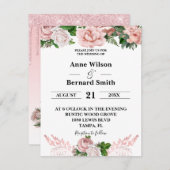 赤面ピンクフローラ滴下グリッター結婚ズ 招待状 (正面/裏面)