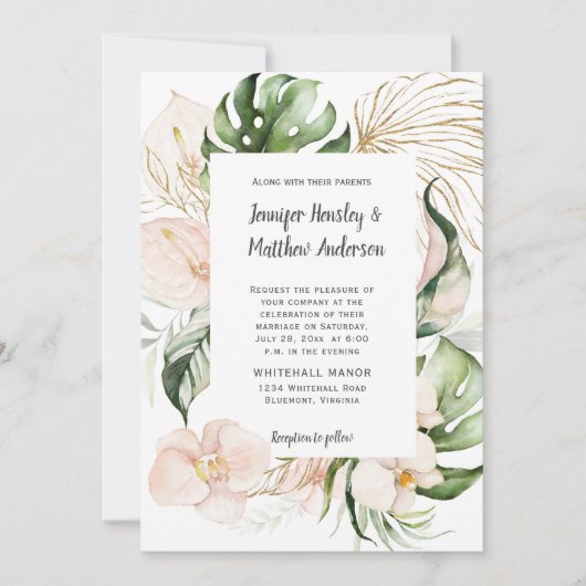 赤面ピンクフローラ熱帯緑結婚園 招待状 (正面)