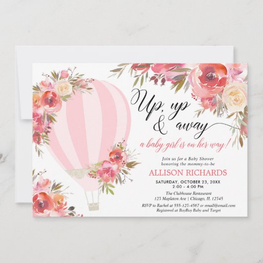 赤面ピンクフローラ熱気球ガールシャワー 招待状 (正面)
