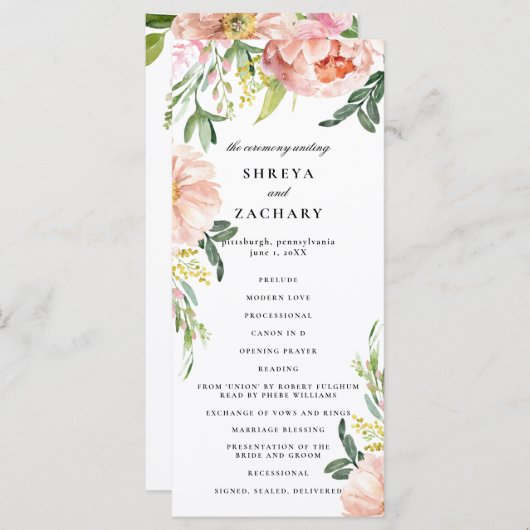 赤面ピンクフローラ牡丹結婚の式プログラム プログラム (正面/裏面)