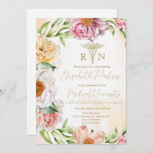 赤面ピンクフローラ看護卒業式 招待状 (正面/裏面)