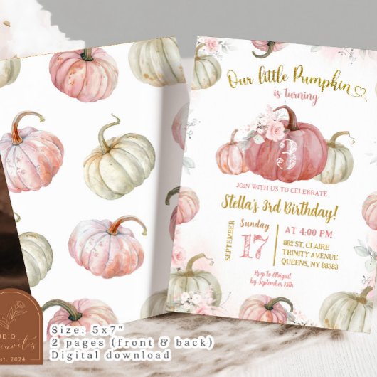 赤面ピンクフローラ私たちのリトルカボチャ誕生日 招待状