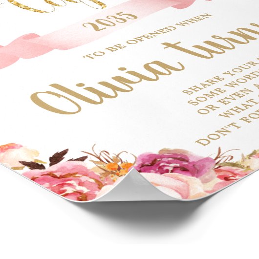 赤面ピンクフローラ第1誕生日タイムカプセル標識 ポスター (角)