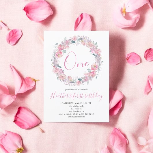 赤面ピンクフローラ第1誕生日 招待状