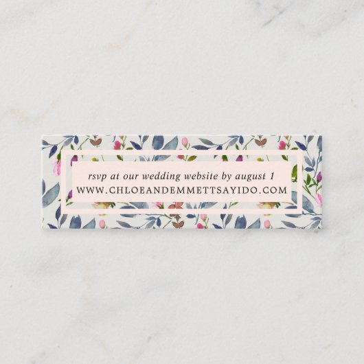 赤面ピンクフローラ結婚のWebサイトRSVPカード スキニー名刺 (正面)