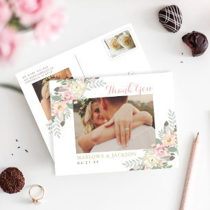 赤面ピンクフローラ結婚ボホの写真ありがとう ポストカード