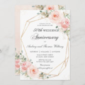 赤面ピンクフローラ結婚幾何学記念日 招待状 (正面/裏面)