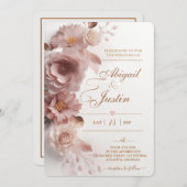 赤面ピンクフローラ結婚式招待状白い花 招待状 (正面/裏面)