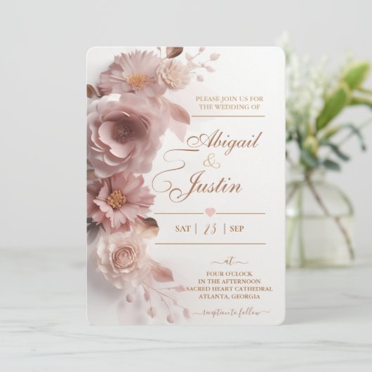 赤面ピンクフローラ結婚式招待状白い花 招待状 (スタンド正面)