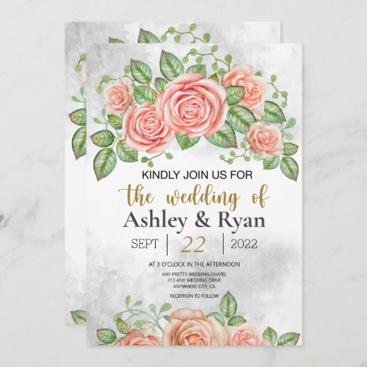 赤面ピンクフローラ結婚式招待状 (正面/裏面)