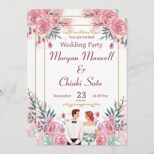 "赤面ピンクフローラ結婚式招待状 招待状 (正面/裏面)