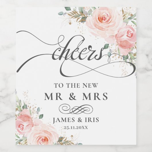 赤面ピンクフローラ結婚誕生日記念日W ワインラベル (シングルラベル)