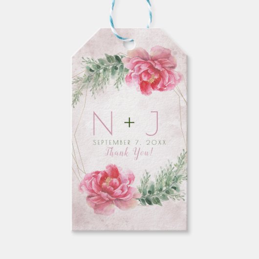 赤面ピンクフローラ緑の水色結婚の ギフトタグ (正面)