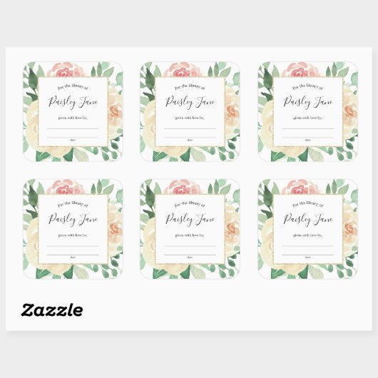 赤面ピンクフローラ蔵書票シール スクエアシール (シート)