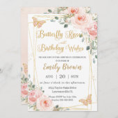 赤面ピンクフローラ蝶キス誕生日ウィッシュ 招待状 (正面/裏面)