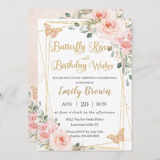 赤面ピンクフローラ蝶キス誕生日ウィッシュ 招待状 (正面/裏面)