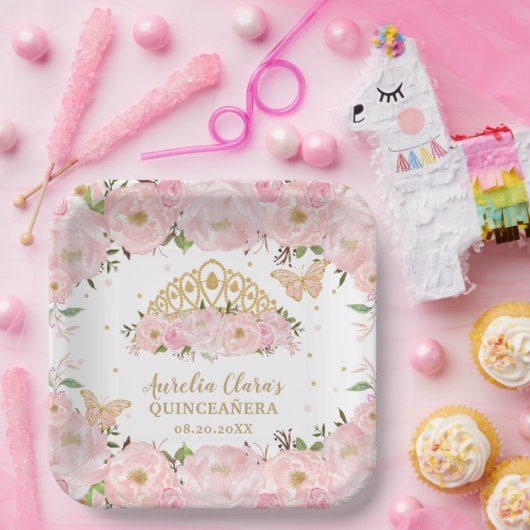 赤面ピンクフローラ蝶ティアラキンセアニラP ペーパープレート (パーティー)