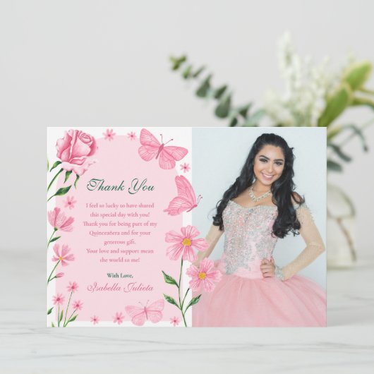 赤面ピンクフローラ蝶フォトキンセアニラ サンキューカード (スタンド正面)