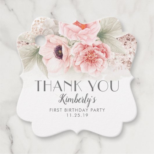 赤面ピンクフローラ誕生日パーティーありがとう フェイバータグ (正面)