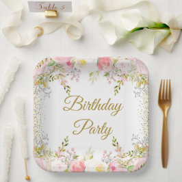 赤面ピンクフローラ誕生日パーティー ペーパープレート