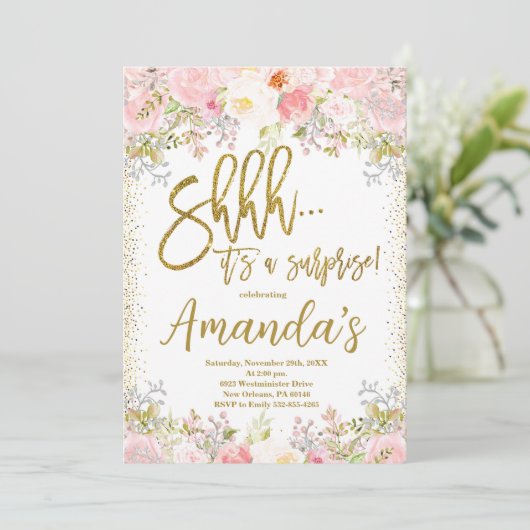 赤面ピンクフローラ誕生日、サプライズ誕生日 招待状 (スタンド正面)