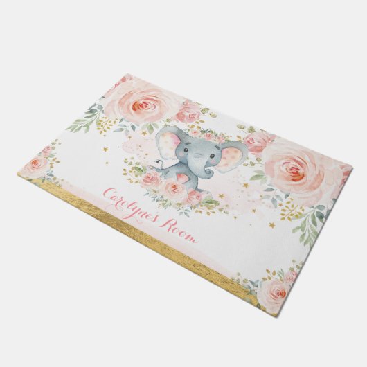 赤面ピンクフローラ象ベビーガール子供部屋ルーム ドアマット (アングル)