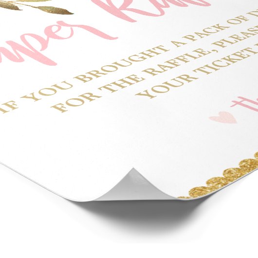 赤面ピンクフローラ赤ちゃんシャワーおむつラッフルサイン ポスター (角)