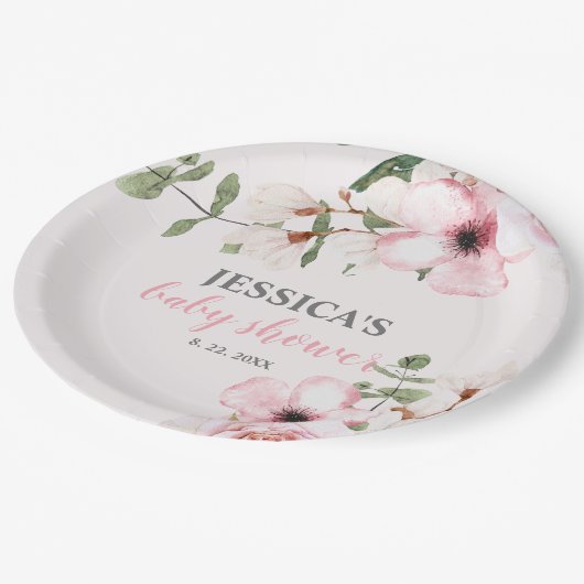 赤面ピンクフローラ赤ちゃんシャワー歓迎サイン、 ペーパープレート (アングル)