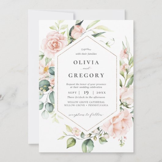 赤面ピンクフローラ金ゴールドの幾何結婚学フレーム 招待状 (正面)