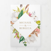 赤面ピンクフローラ金ゴールドアンパサンドQRコー結婚ド 三つ折り招待状 (カバー)