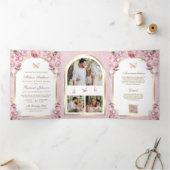 赤面ピンクフローラ金ゴールドアーチバタフライ結婚ズ 三つ折り招待状 (内部)