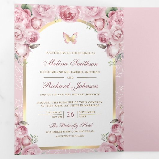 赤面ピンクフローラ金ゴールドアーチバタフライ結婚ズ 三つ折り招待状 (内部最初)