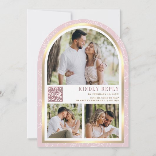 赤面ピンクフローラ金ゴールドアーチバタフライ結婚ズ 招待状 (裏面)