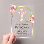 赤面ピンクフローラ金ゴールドアーチバプテスマ アクリル招待状 (インサイチュ (ポータブル))