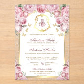 赤面ピンクフローラ金ゴールドアーチムスリム結婚ズ アクリル招待状 (正面)
